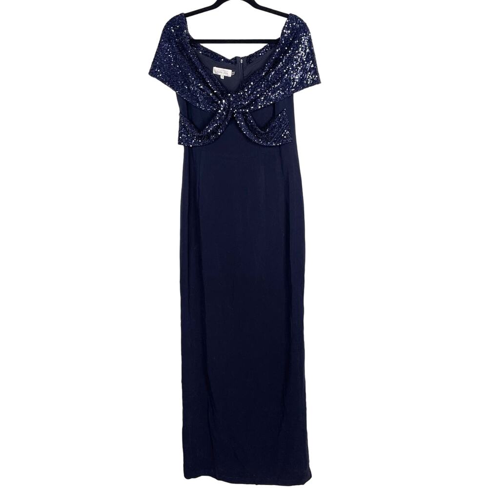 Teri Jon By Rickie Freeman 12 Navy Blue Embellished Crepe Column Gown Sequin